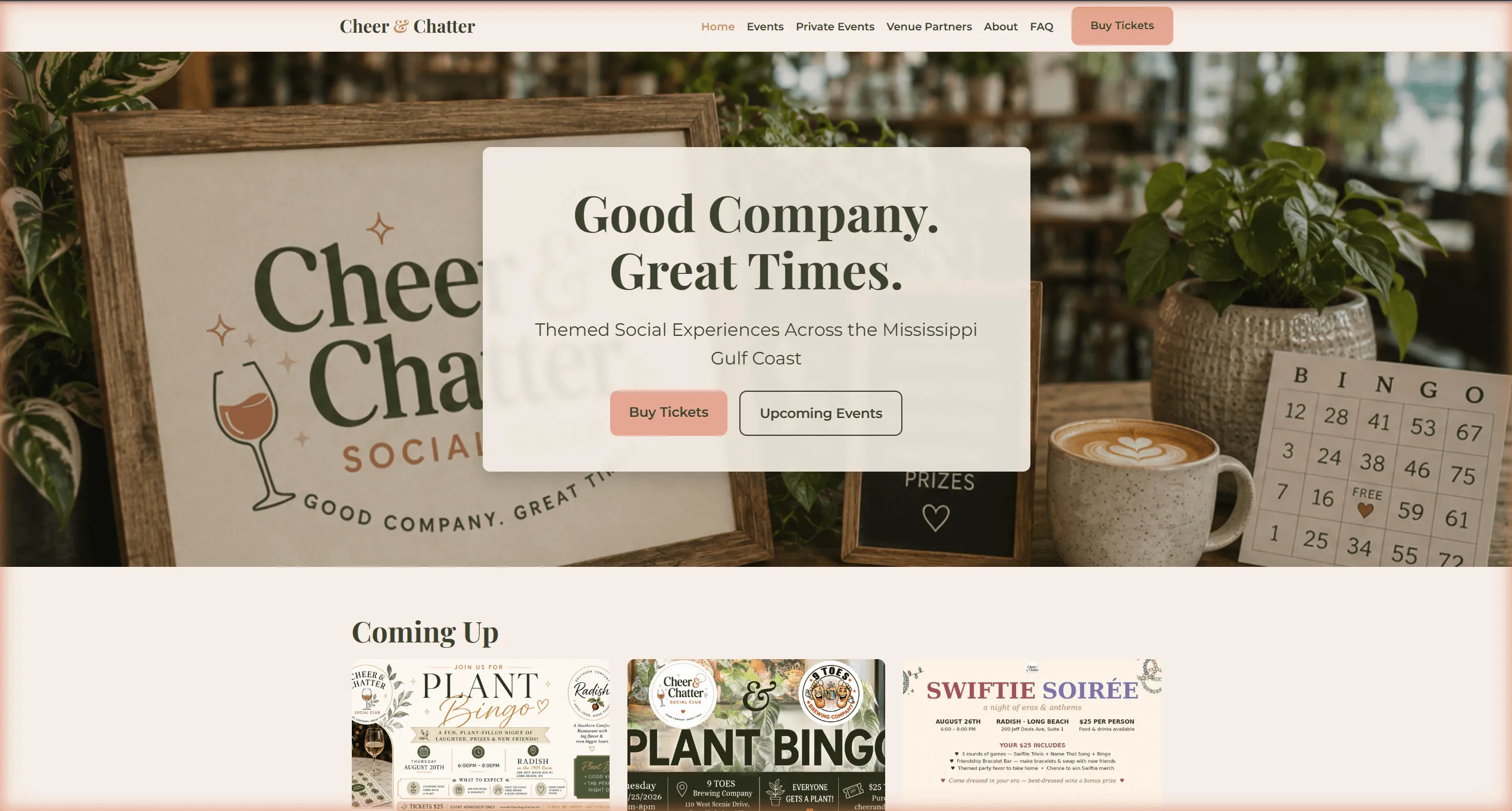 The Cheer and Chatter homepage, warm paper tones with the headline Good Company, Great Times.