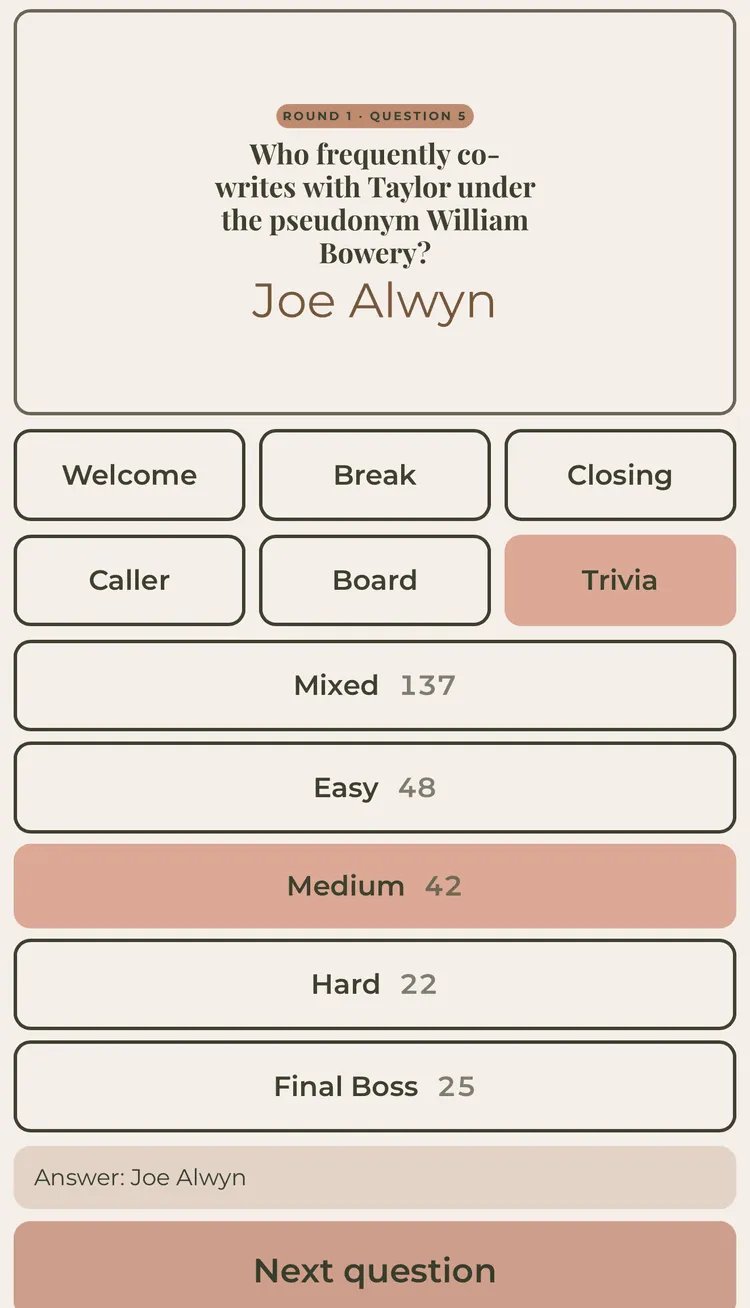 The trivia console on a Taylor Swift night: round tiers from the openers up to the Final Boss, each with a live count of the questions it has left.